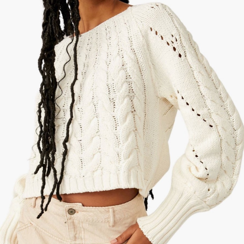 Free People Sandre Cable Stitch Pullover Sweater in Ivory